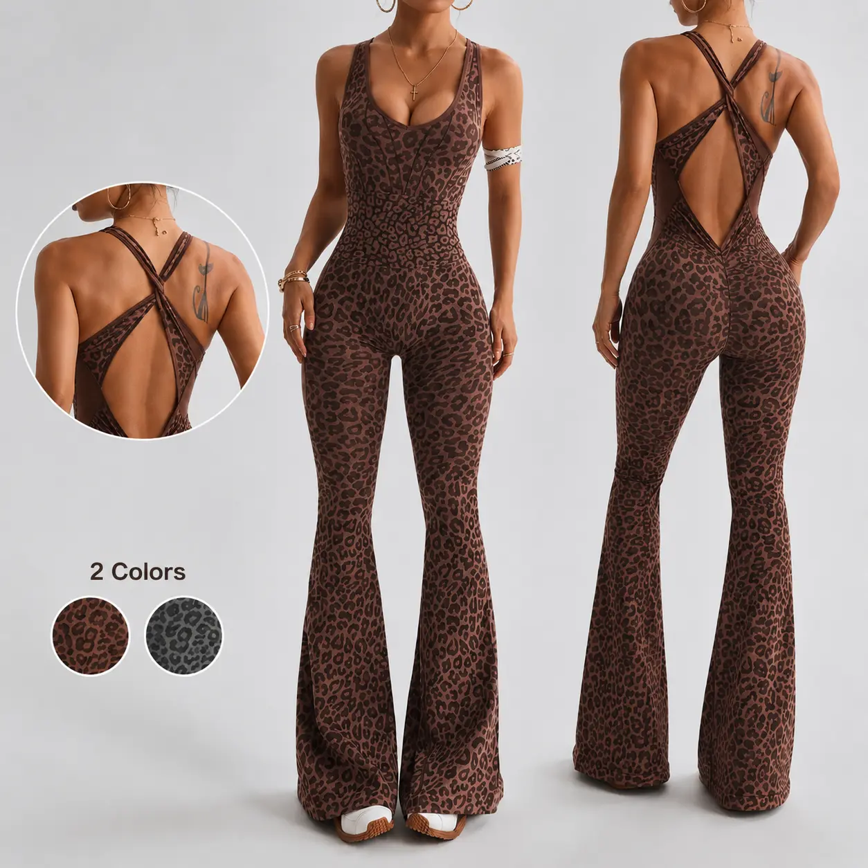Women's Leopard Print Jumpsuit - Soft Stretchy Fabric, Deep V-Neck, Flared Pants, Sexy Clothes for Everyday Wear or Night Out, Jumpsuits for Women