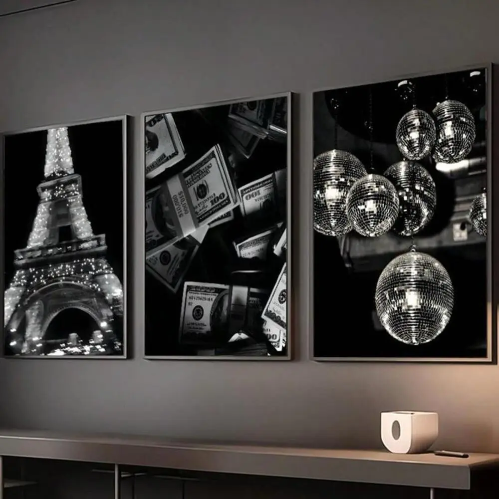 3 Pieces Disco Ball Dance Floor Party Art, Eiffel Tower Wall Mural, Dynamic Fashion Home Art, Trendy Gallery Decor, Multicolored Poster, Wall Decor for Cafe, Bar and Playroom, Framed or Unframed.