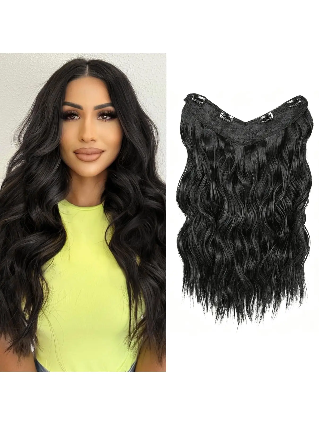 One Piece Clip in Hair Extensions 20 Inch U-Shaped Black Hair Extensions Weft with 4 Clips 3/4 Full Head Long Wavy Synthetic Curly One Piece Thick Hairpieces for Women,#1B