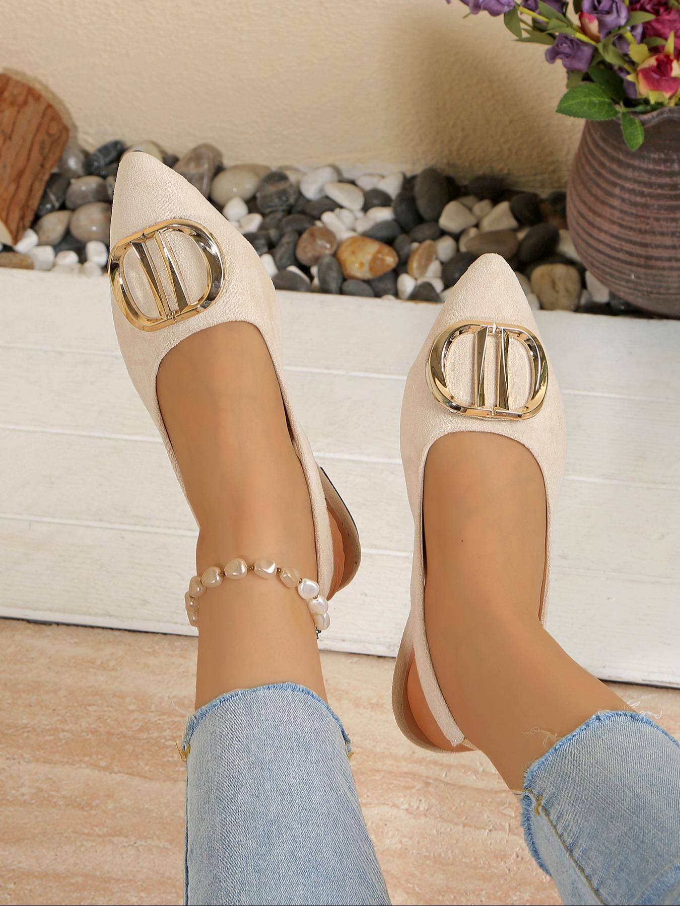 Women's Fashionable Pointed Toe Flat Shoes, Metal Buckle Decor, Slip-On Casual Sneakers, Perfect for Dresses & Pants