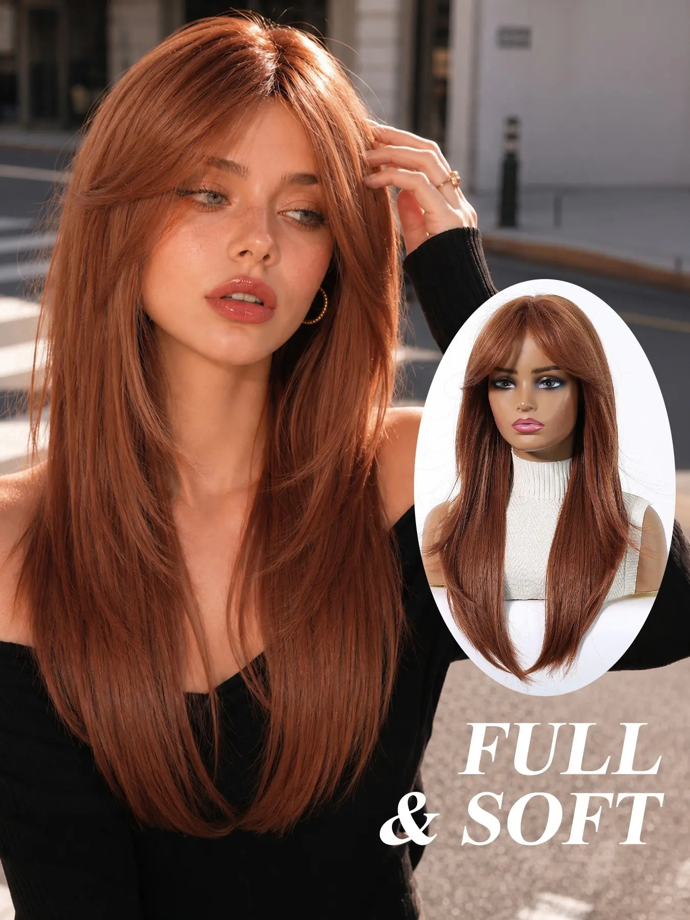 22-Inch Lightweight Long Wig with Bangs, Curly Synthetic Hair, Heat-Resistant, Perfect for Dates, Parties, Daily Use
