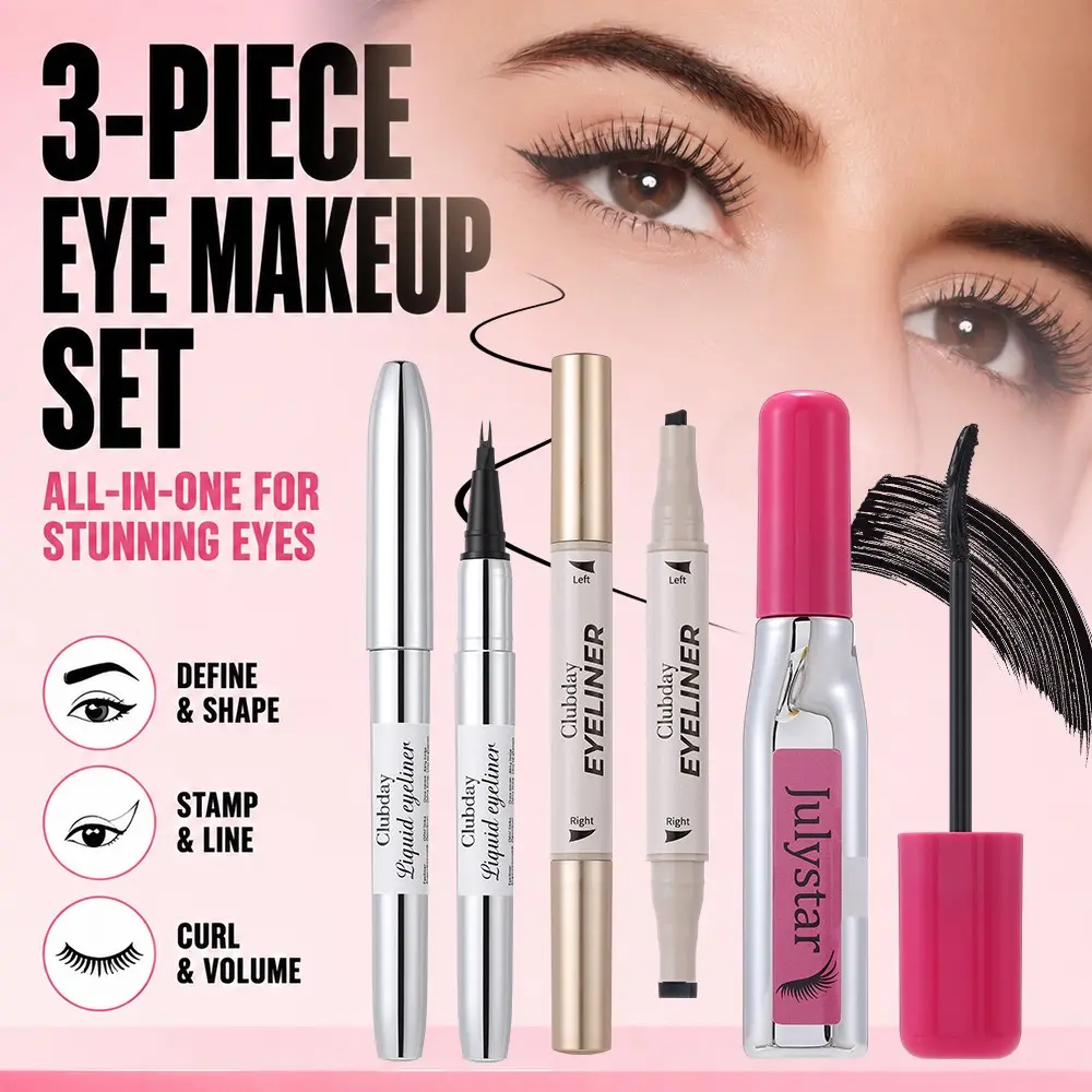 3pcs All-In-One Eye Makeup Set, Dual Tip Liquid Eyeliner, Wing Stamp Eyeliner, Curling Volumizing Mascara, Waterproof, Long Lasting