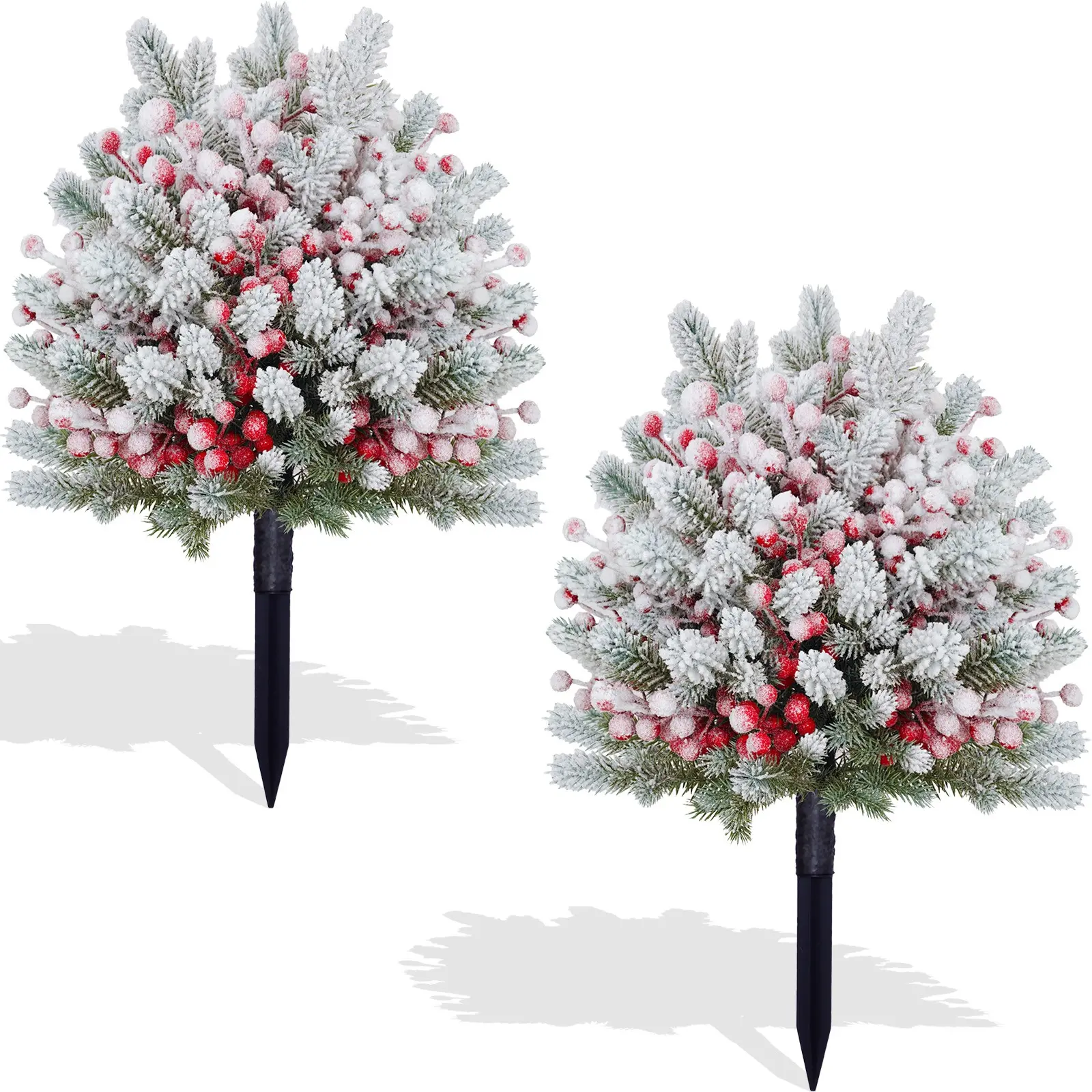 2-piece artificial pine branches with snow red fruit for circular indoor Christmas decoration tree. UV-resistant plastic ground spikes for easy installation. Artificial decorative tree suitable for indoor front yard, garden, porch, and lawn.