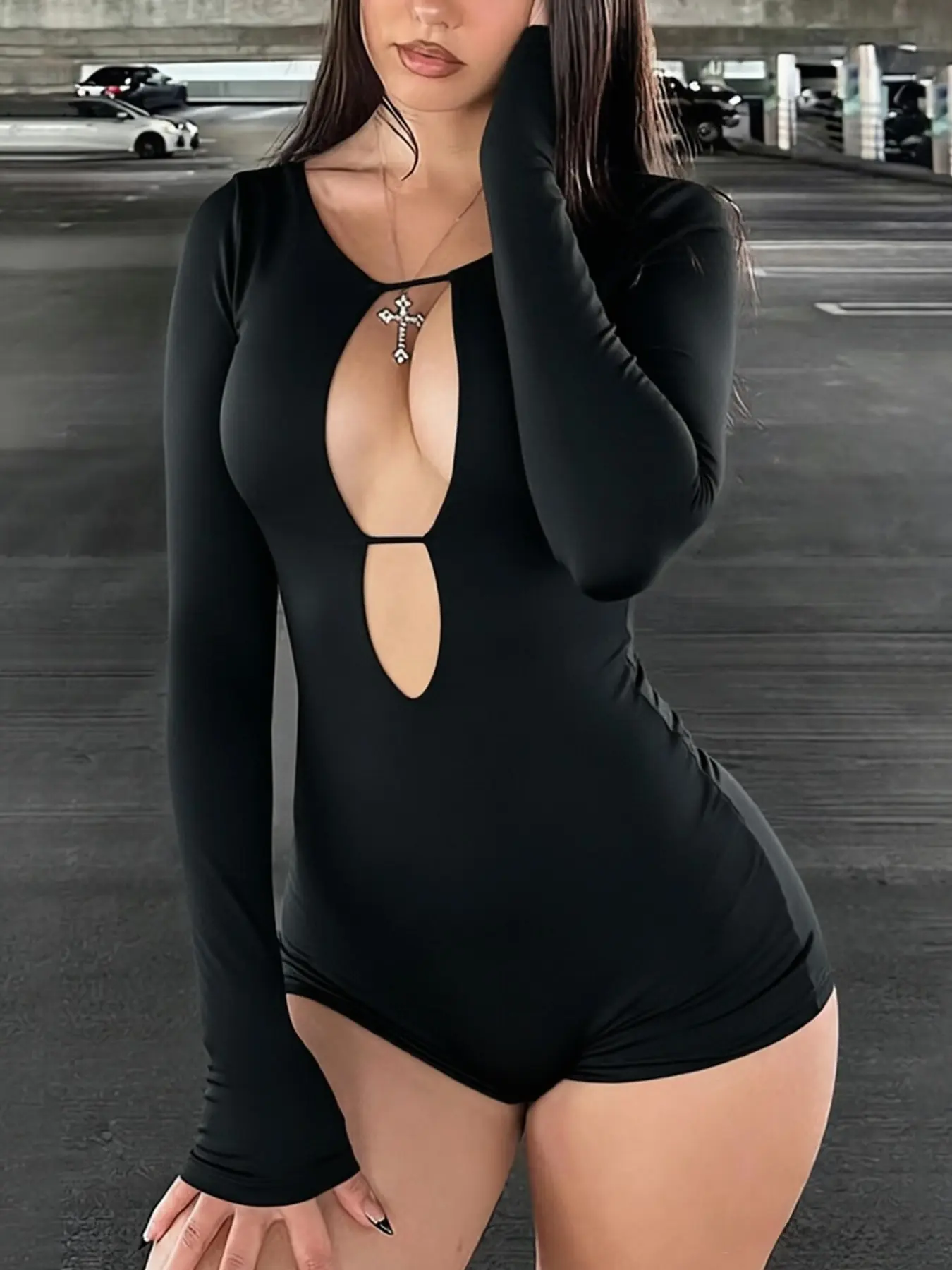 American Style Sexy Hollow Out Long Sleeve Romper for Women, Tight Fit Bodycon Pure Desire Fashion, Summer Wear