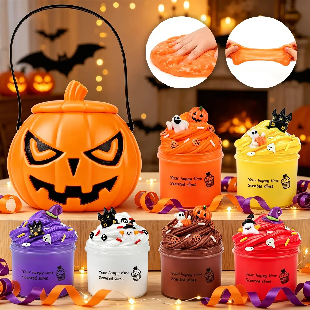 Halloween Pumpkin Storage Bucket Cloud Bubble Slime Set, 6 Scented Fluffy Cotton Mud, Ghost Pumpkin House Resin Accessories, DIY Stress Relief Gift Fun