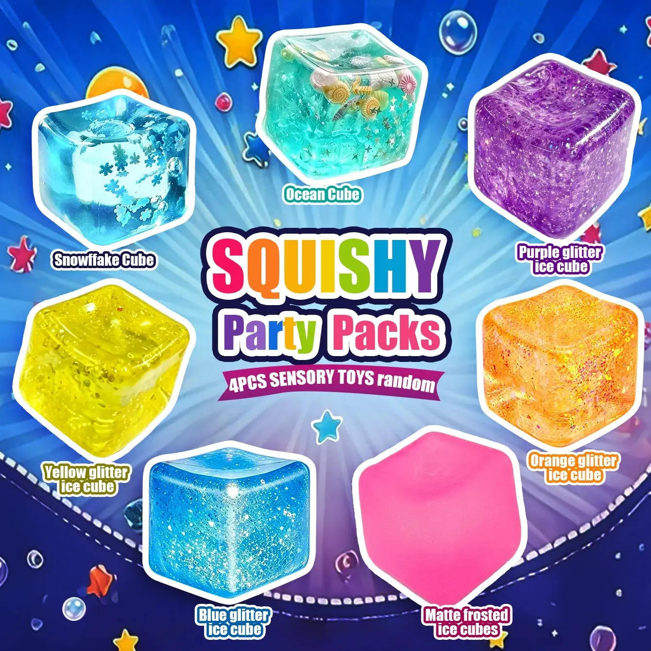 4-Piece summer ice cube Malt Sugar Stress Relief Fidget Toys, random， Sensory Bundle,snowflakes, ocean series, and frosted ice cubes.  Creative Slow-Return Squishy, Party Gift, 8 Different Styles, Multi-Item Party Favor Packs.