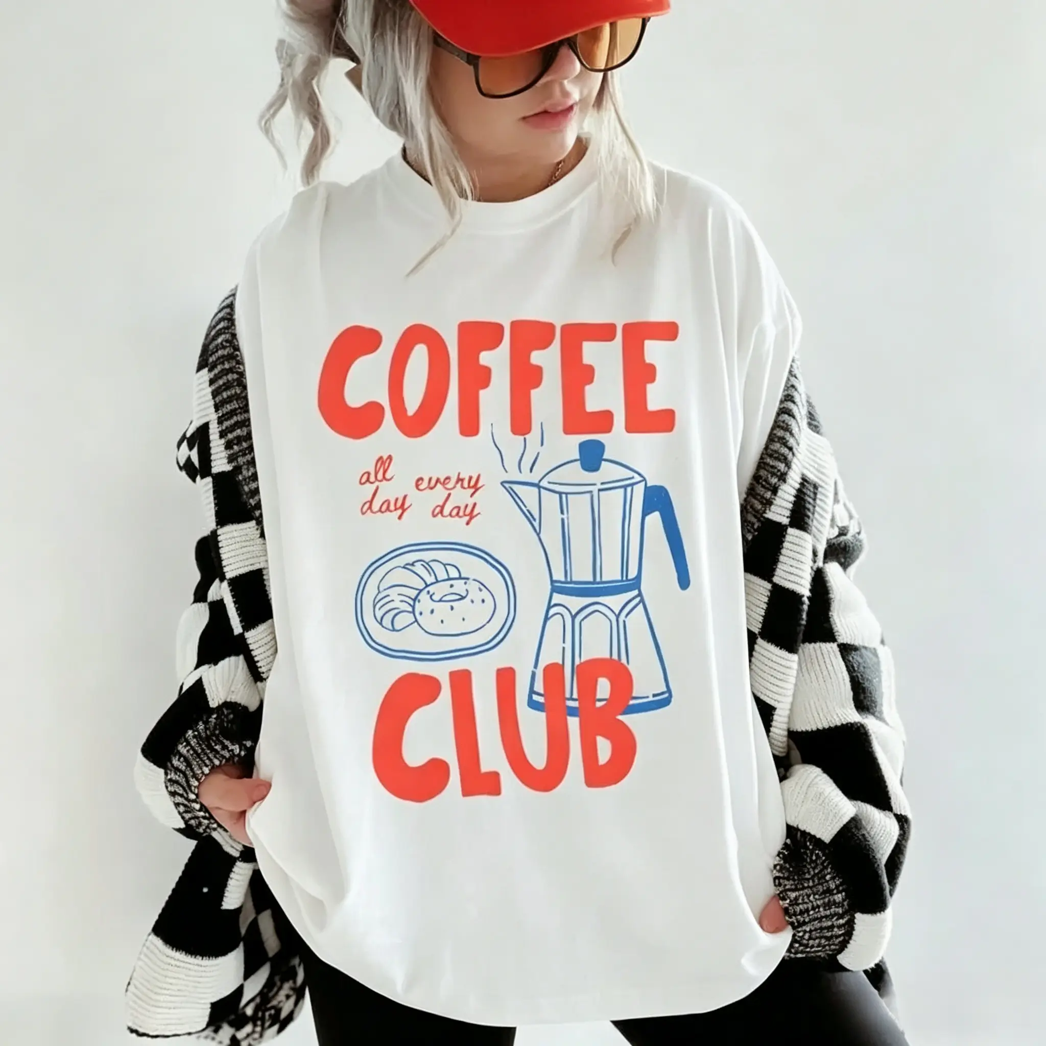Coffee Club Moka Pot Bagel Front Print Short-Sleeve Knitting Polyester Fabric Sports Top, High-Definition Vivid Print, Soft Loose Fit, Party & Weekend Wear, Gift for Coffee Addicts