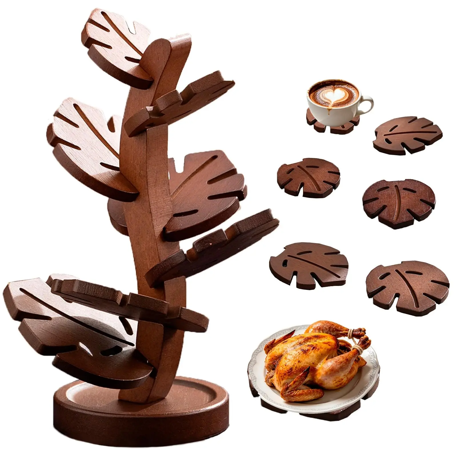 7 Pack Tree Shape Wooden Trivet Set with Stand, Heat Resistant Coasters | Wood trivet mat, heat resistant non-slip, protects countertop from hot pots for kitchen & dining table