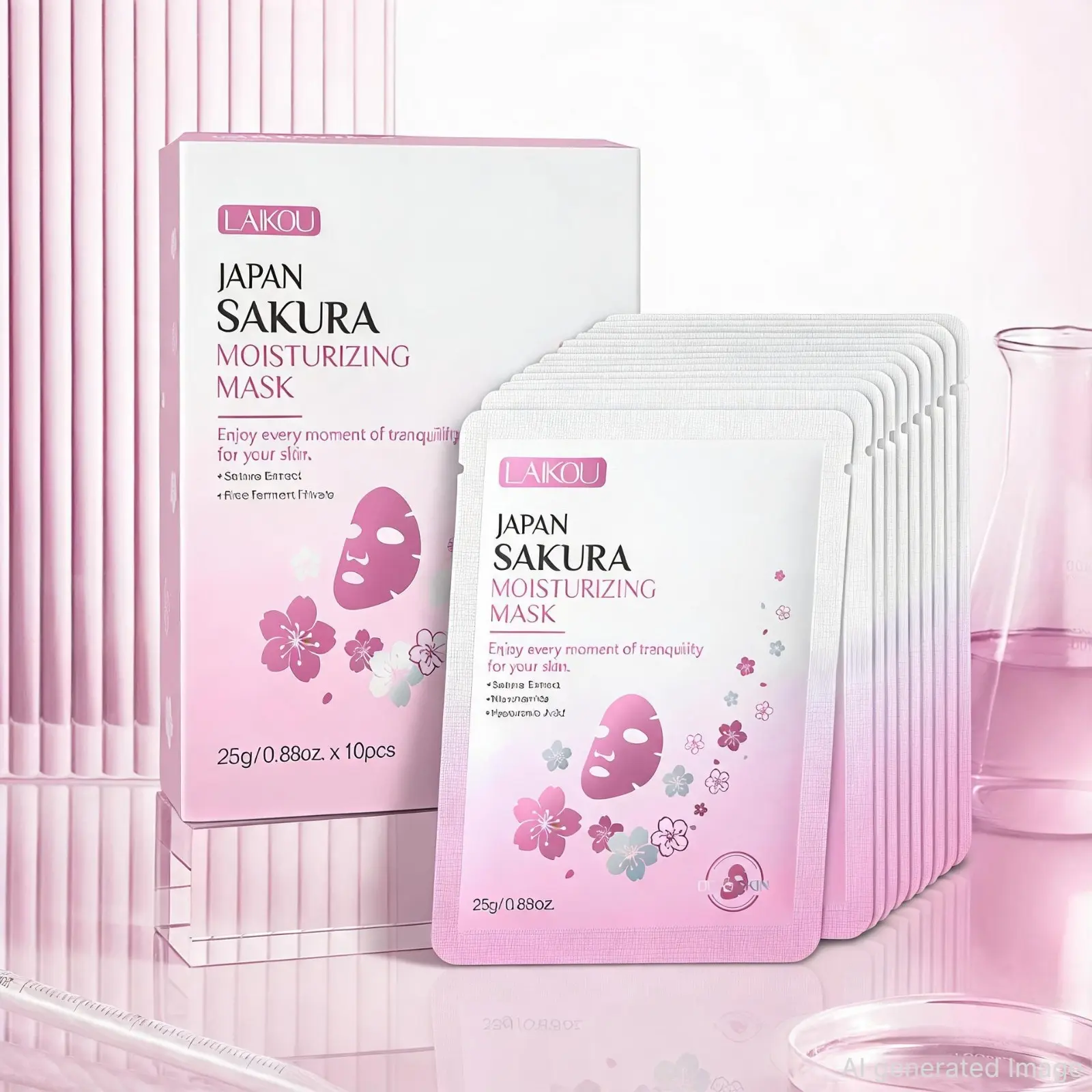 Japan Sakura Moisturizing Facial Mask 10‑Pack by LAIKOU, Cherry Blossom Extract for Deep Hydration & Skin Soothing, Nourishing Brightening Sheet Mask for Dry Sensitive Skin Home Spa