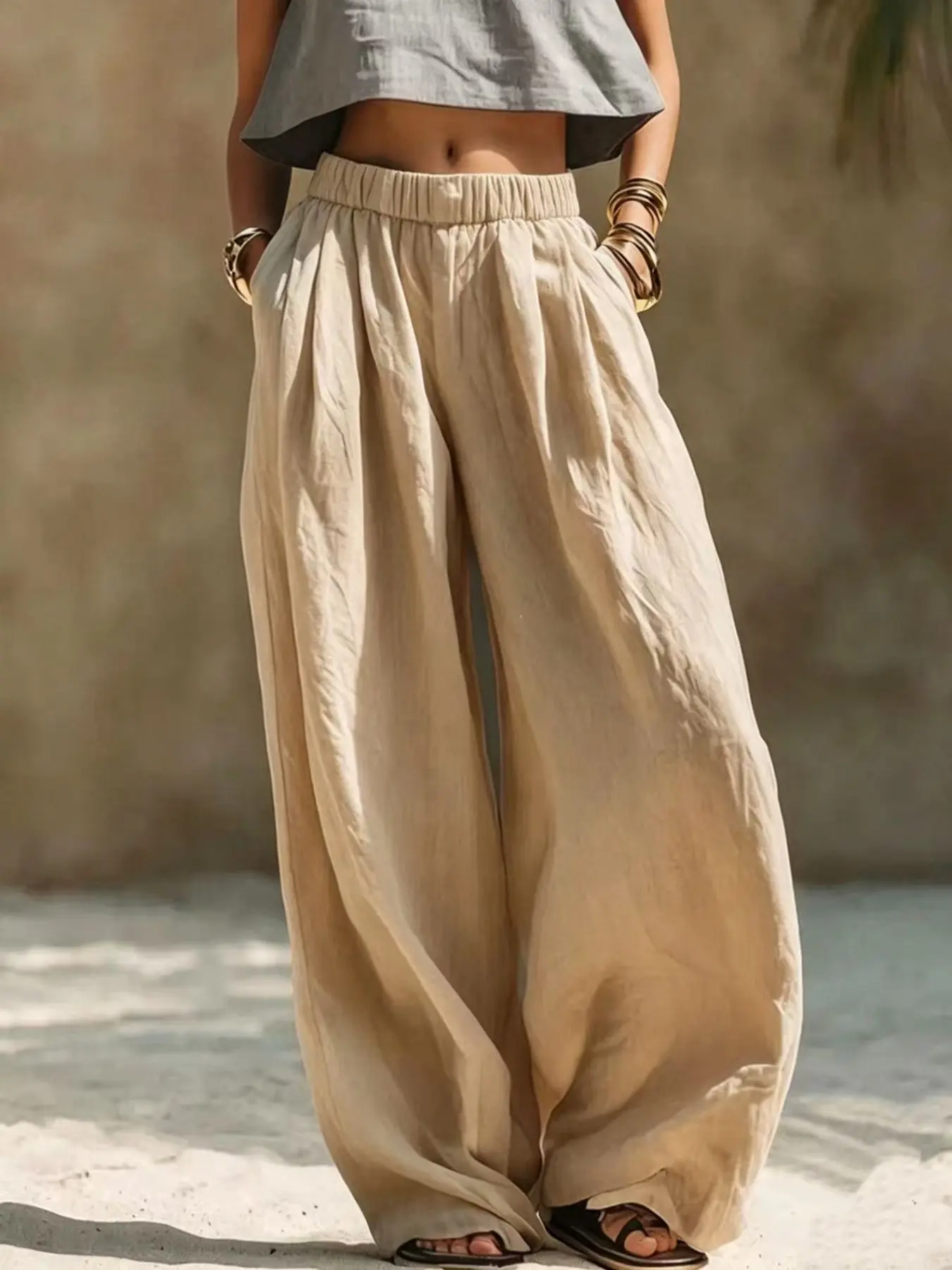2026 Summer New Women's Pants, Solid Color Fashion Casual Loose Fit, Baggy, Pocket Design, Elastic Waist, Wide Leg Trousers, Trendy and Versatile