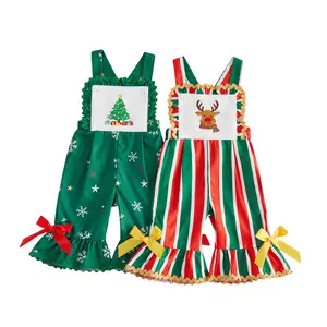 Toddler Baby Little Girls Christmas Overalls Christmas Tree/Deer Embroidery Sleeveless Bow Bell Bottom Romper Jumpsuit 1-5 Years