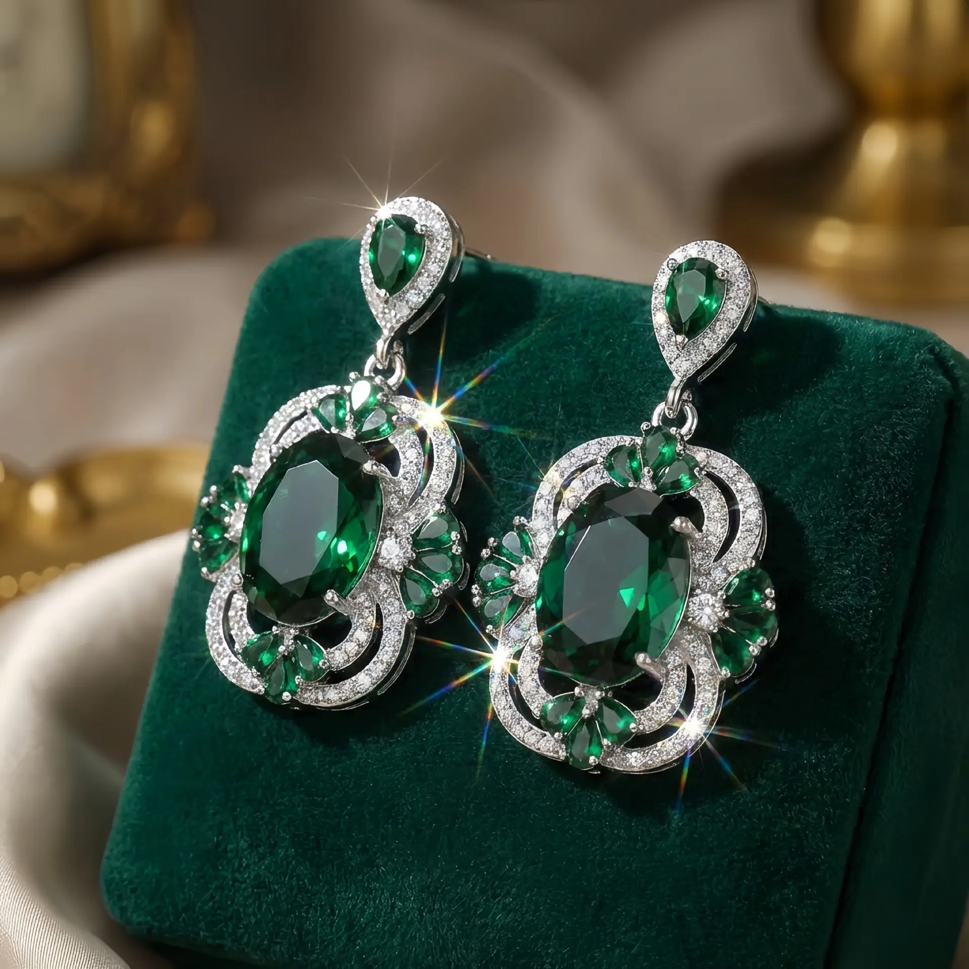 Women's S925 Sterling Silver Bohemian Wedding Earrings - Sparkling Synthetic Zircon & Emerald Green Accents - Elegant Fashion Jewelry