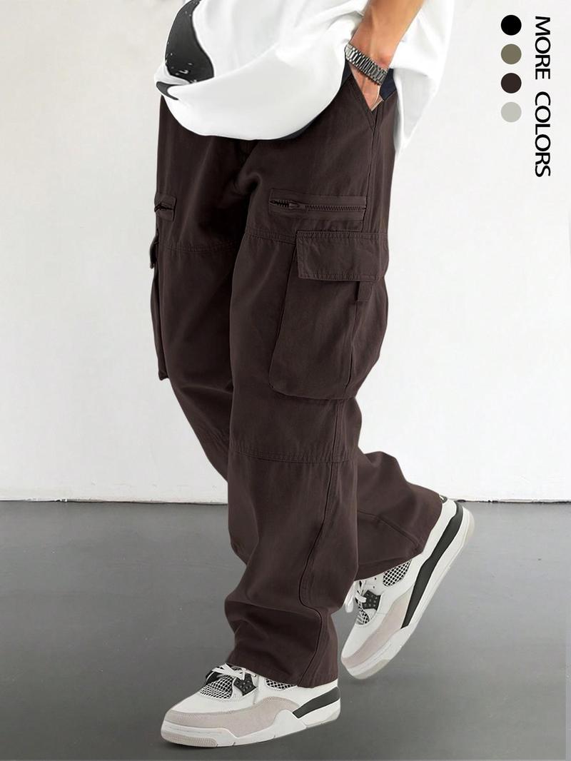 Unisex Loose-Fit Solid-Color Cargo Pants with Pockets, Drawstring and Zip Fly, Casual Comfy Woven Trousers for Everyday Outdoor Wear, Streetwear Style, Suitable for All Seasons