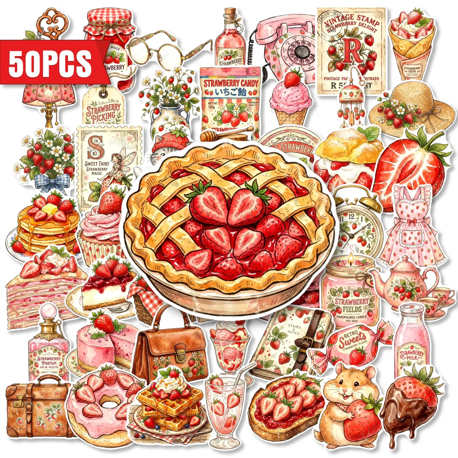 50 Pieces Strawberry Dessert Series Stickers Decal Set, Stationery Supplies Suitable for Pasting on Scrapbooks, Journals, Laptops, Water Bottles, Cars and More, Creative Birthday Gifts