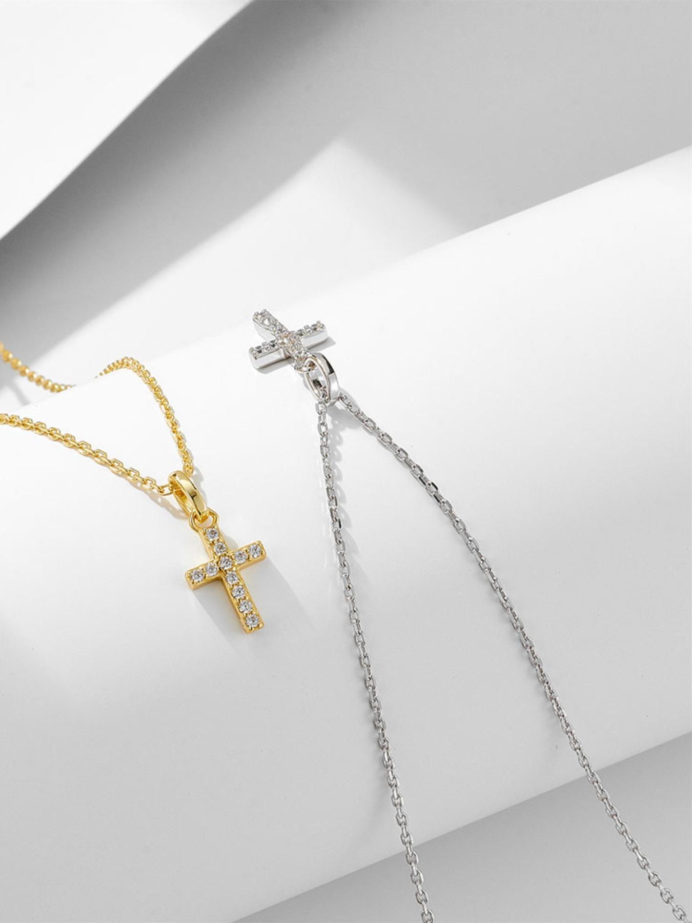 925 Sterling Silver Synthetic Zircon Inlaid Cross Pendant Necklace, Fashion Jewelry for Party, Daily Clothing Decor, Trendy All-match & Exquisite Jewelry for Gift, Cross Design Pendant