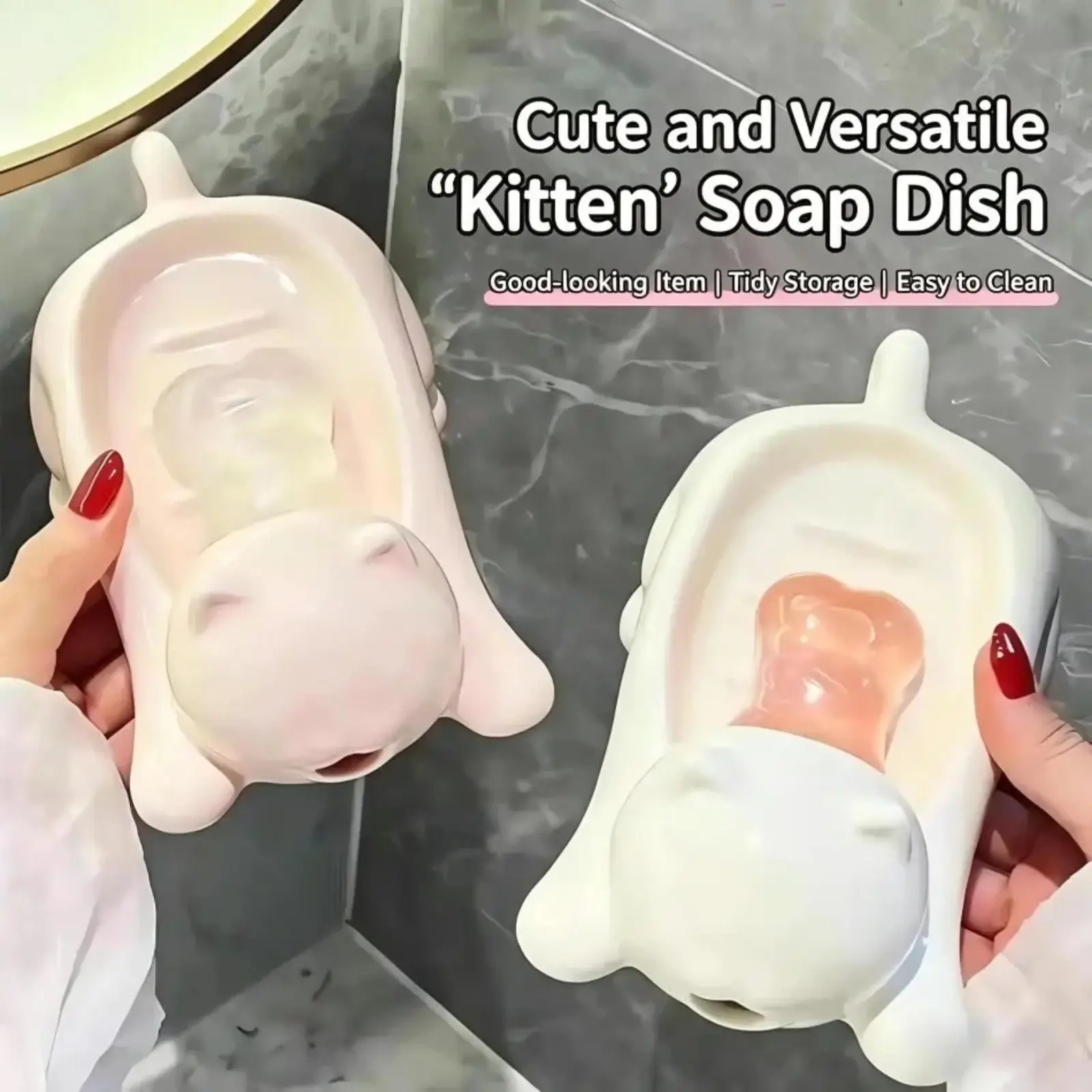 Cute Cartoon Cat Soap Dish with self-draining design. Non-slip, quick-drying and durable soap holder, adorable decor for bathroom sink, shower and countertop organization.