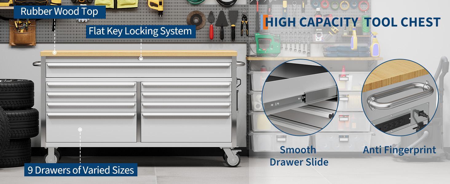 61 Inch Tool Chest, Tool Cabinet with 9 Drawers, Mobile Storage Cabinet with Locking System, Stainless Steel Material and Sturdy Structure, High Capacity for Home Workshop Kitchen and Garage.