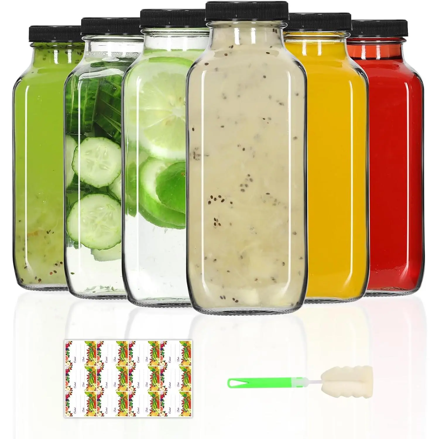 6-Pack 12oz Glass Bottles w Lids for Juicing Smoothies & Cold |   360ml Reusable Glass Bottles, Portable for Juicing, Kombucha, Coffee, Milk & Water Storage