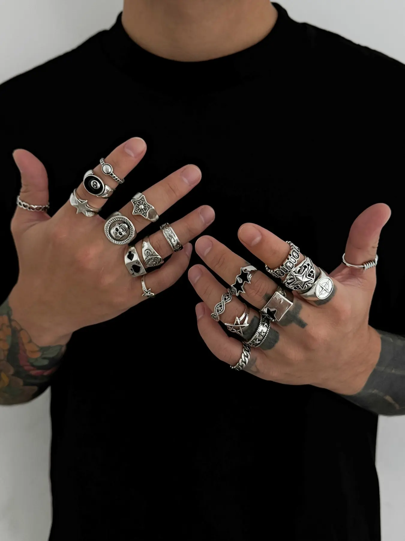 20 Pcs Punk Vintage Silver Color Rings Set, Star Skull Heart Engraved, Men's Stackable Ring Collection, All Seasons Jewelry