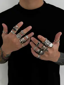 20 Pcs Punk Vintage Silver Color Rings Set, Star Skull Heart Engraved, Men's Stackable Ring Collection, All Seasons Jewelry