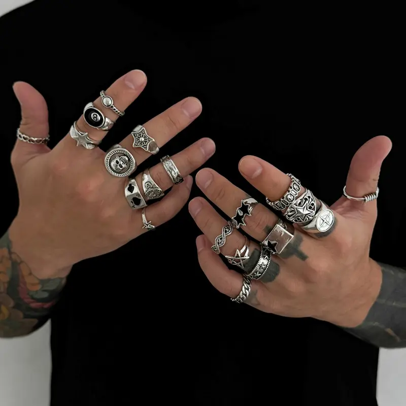 20-Piece Punk Vintage Silver-Toned Rings Set, Star Skull Heart Engraved Stackable Ring Collection, All Seasons Dark Aesthetic Jewelry