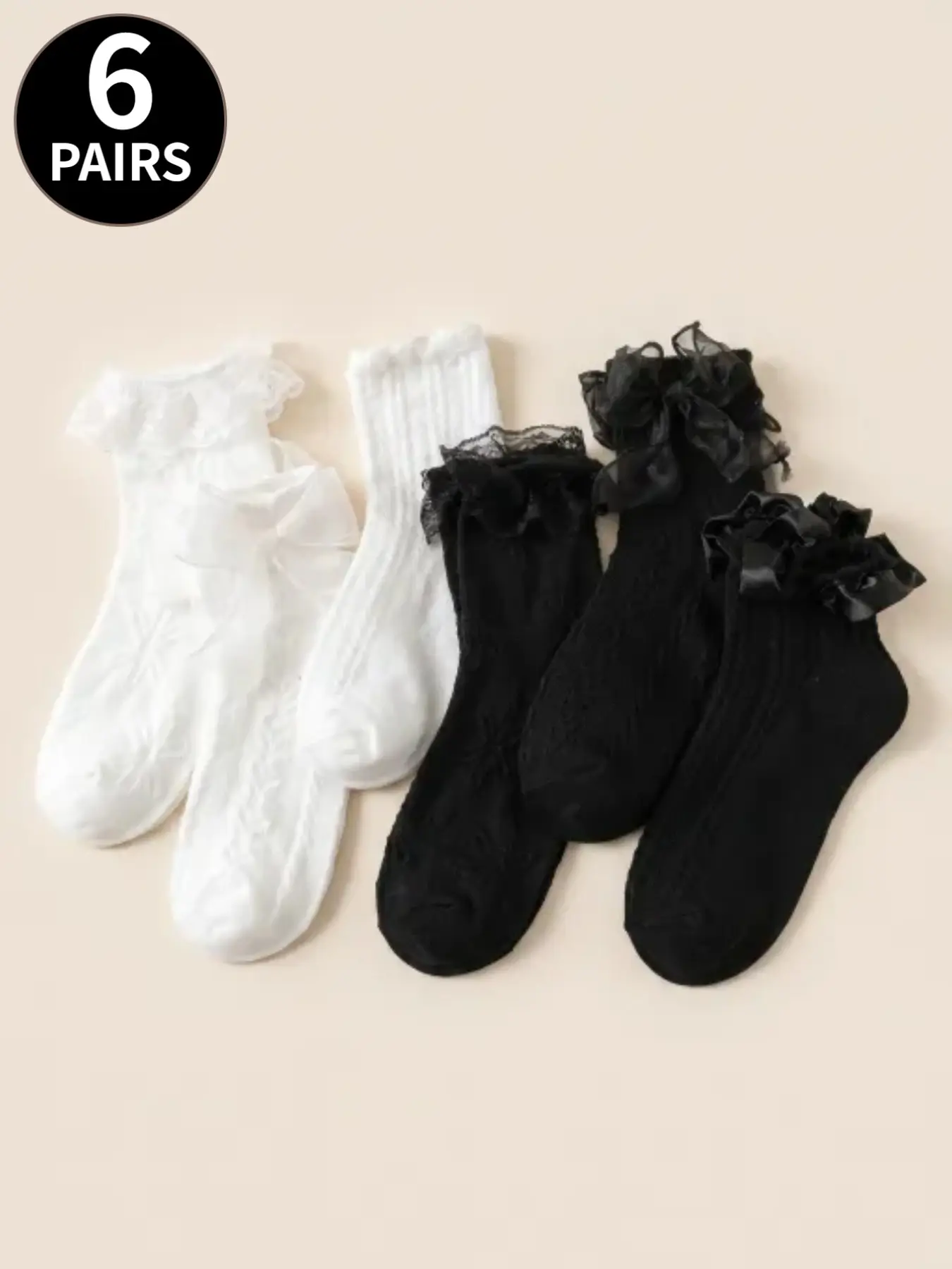 6 Pairs of Lace Bow-Topped Knee-High Socks for Women, Multi-Layer Lace Cuffs, Black and White, Lolita JK, Lolita Ballet Style, Sweet, Retro, and Versatile