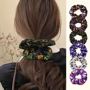 6pcs Halloween Themed Scrunchies with Witch Ghost Bat and Pumpkin Prints Spooky Satin Hair Ties for Halloween Parties and Costumes
