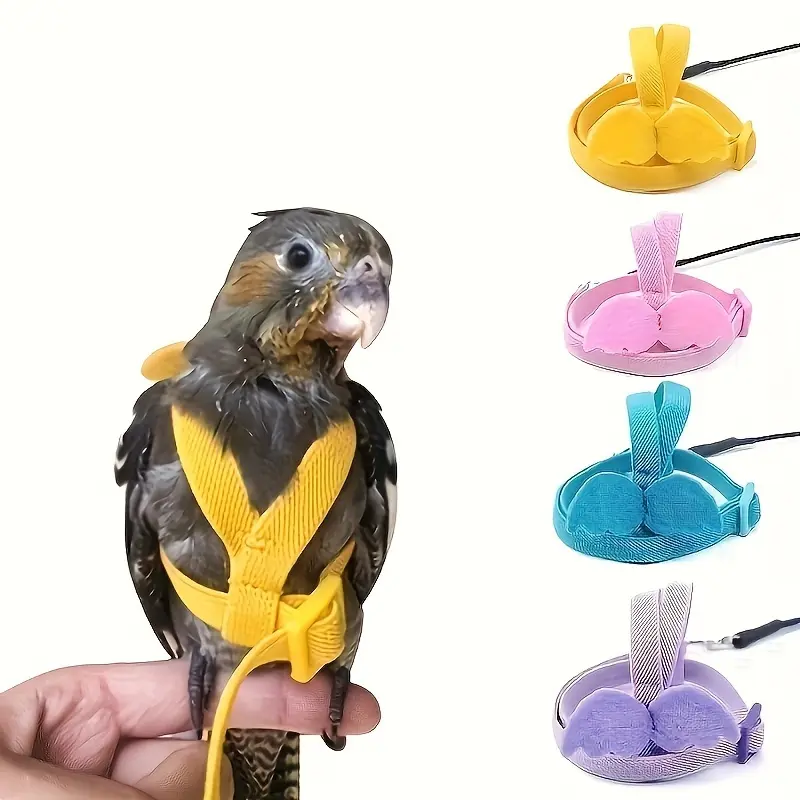 Adjustable harness and leash for pet parrots, designed specifically for training and preventing biting.This nylon harness is suitable for outdoor activities, providing traction for small parrots when flying