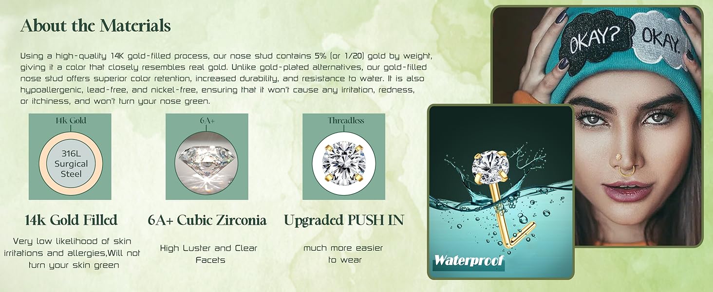 Trendy Summer Nose Studs Nose Rings 18G Nose Rings Studs Gold Small Nose Studs - L Shaped Corkscrew Hoop Nose Ring - CZ Butterfly Heart Flower 316L Surgical Steel Tiny Nostril Nose Piercing Jewelry for Women Men 11Pcs