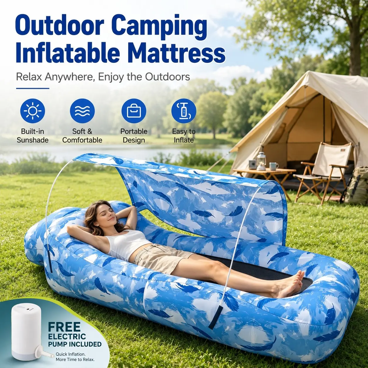 Outdoor Inflatable Bed with Sunshade and Electric Pump, Water-Proof Air Sofa for Camping, Beach, Pool, Backyard, Tan