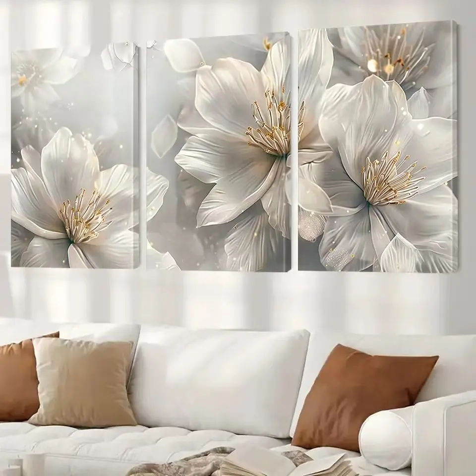 3pcs Fashionable White Floral Canvas Oil Painting Art Blooming Beautiful Flowers Painting Frameless Hanging Painting Abstract Floral Wall Decoration Living Room Decoration