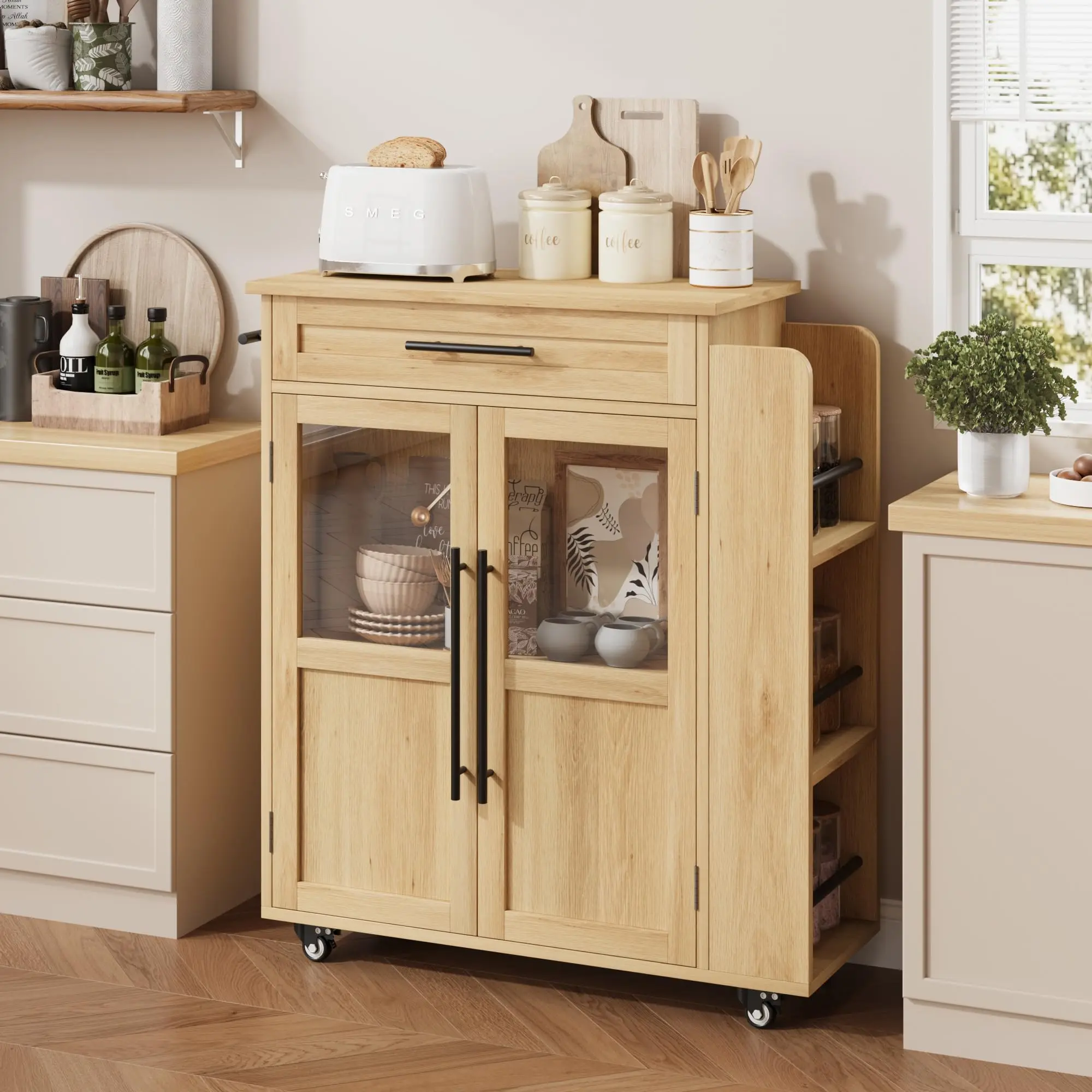 Modern Eco-Friendly Wood Mobile Farmhouse Kitchen Island with Storage - Glass Door Cabinets, Drawers, Spice Rack, Towel Rack - Rolling Pantry Cabinet Organization Cart for Dining Room, Coffee Bar, Assembly Required, Countertop Space