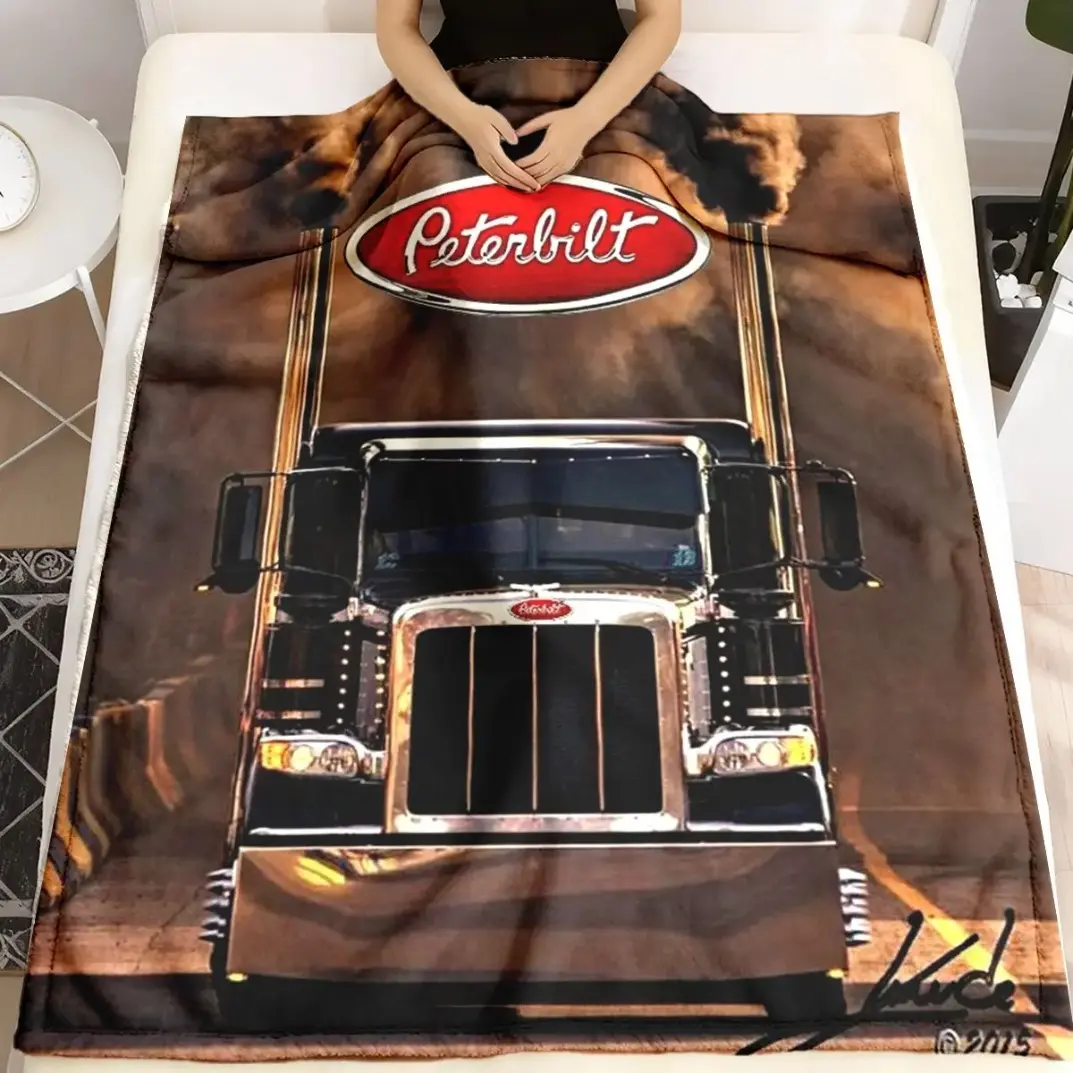 Vintage Truck Lover Flannel Blanket, Peterbilt Inspired Soft Cozy Throw Blanket for Adults & Kids, Lightweight Warm Plush Blanket for Bed Sofa Office Camping Travel, Perfect Gift for Truck Fans