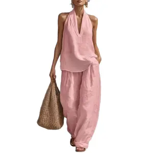 2026 Spring/Summer Hot-Selling French-Style Elegant Halter Neck V-Neck Backless Top with Cool Comfort and Slimming Effect, Wide-Leg Pants Set, Two-Piece Women's Outfit, Sleeveless Loose Casual Fashion Set