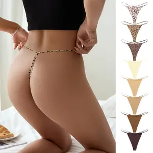 Women's Animal Print T-Back Thong Panties, Seamless Low Rise Underwear in Sheer Ice Silk, Quick-Dry Fabric