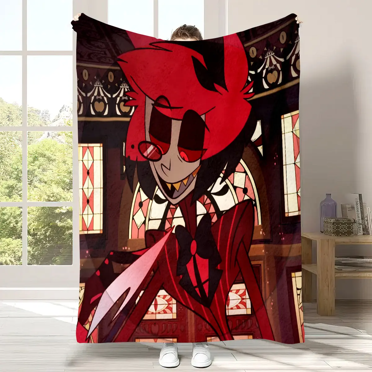 Alastor Flannel Blanket Hazbin Hotel Radio Demon Throw Blanket Stained Glass Window Background Sofa Bed Blanket Gift For Hazbin Hotel Fans
