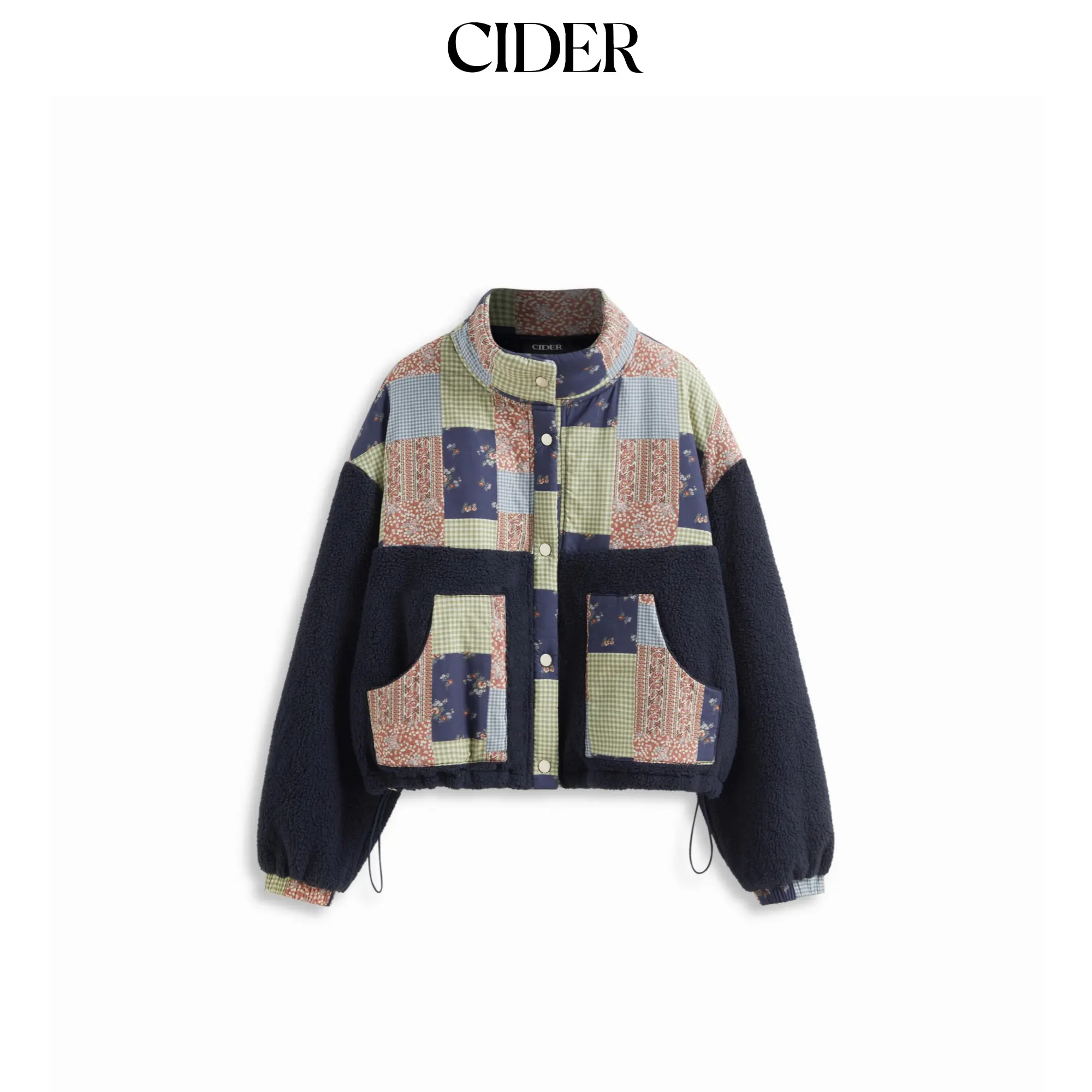 Cider Fleece Floral Patchy Stand Collar Drawstring Oversized Jacket SummerFinds
