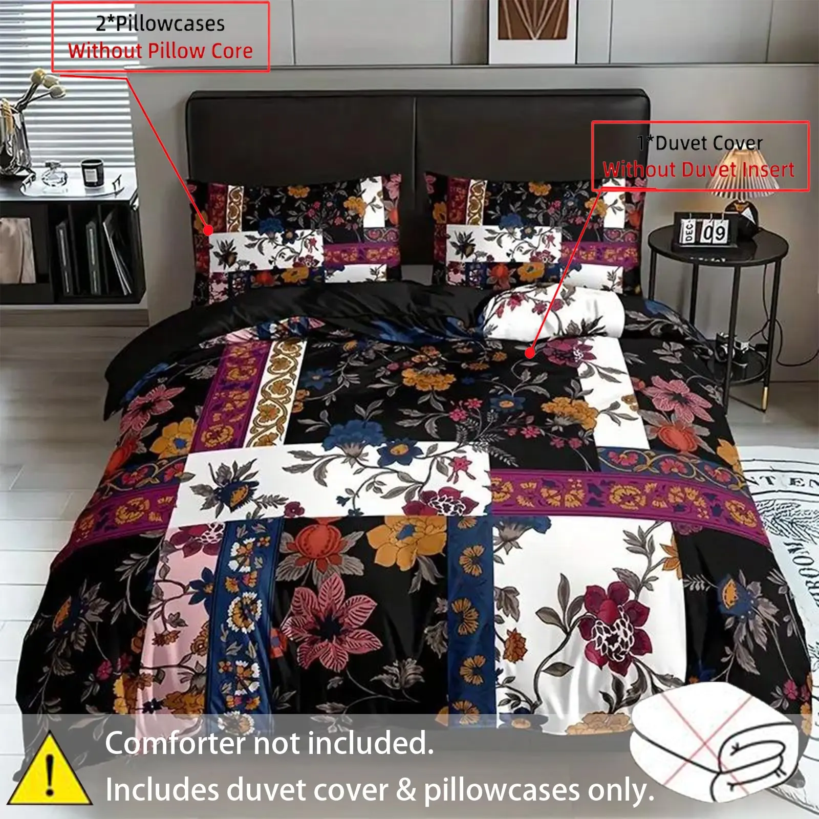 Super soft floral patchwork Decorative duvet cover 3-piece set (unfilled), Comfy Theme bedding sets, featuring black, colorful floral patterns, machine washable polyester material, perfect for a cozy bedroom decoration, bedding set