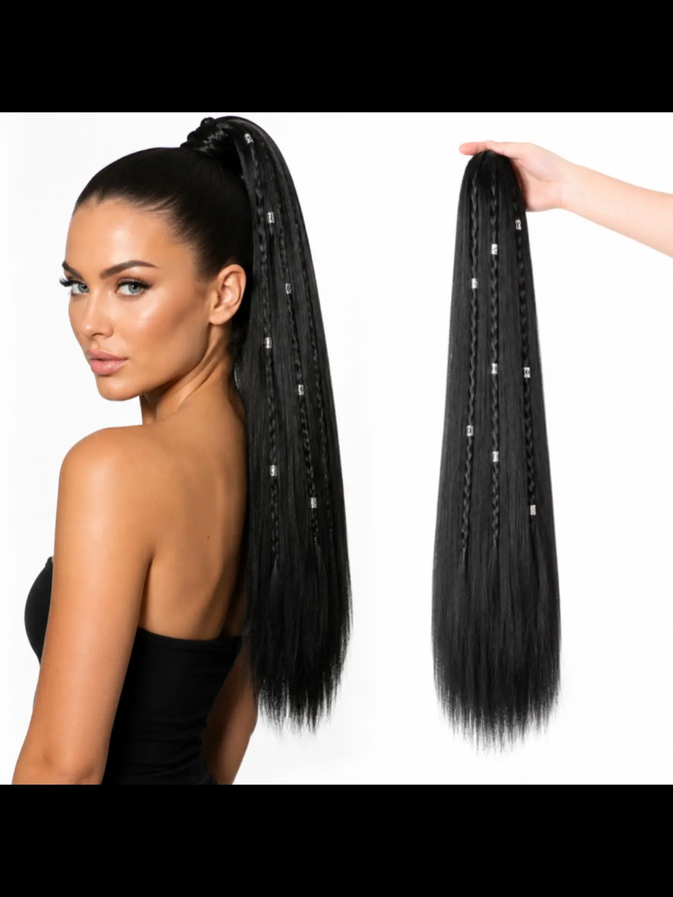 22 Inch Long Straight Claw Clip Ponytail Extension with Silver Ring Braids Synthetic Hairpiece for Women | Multiple Colors