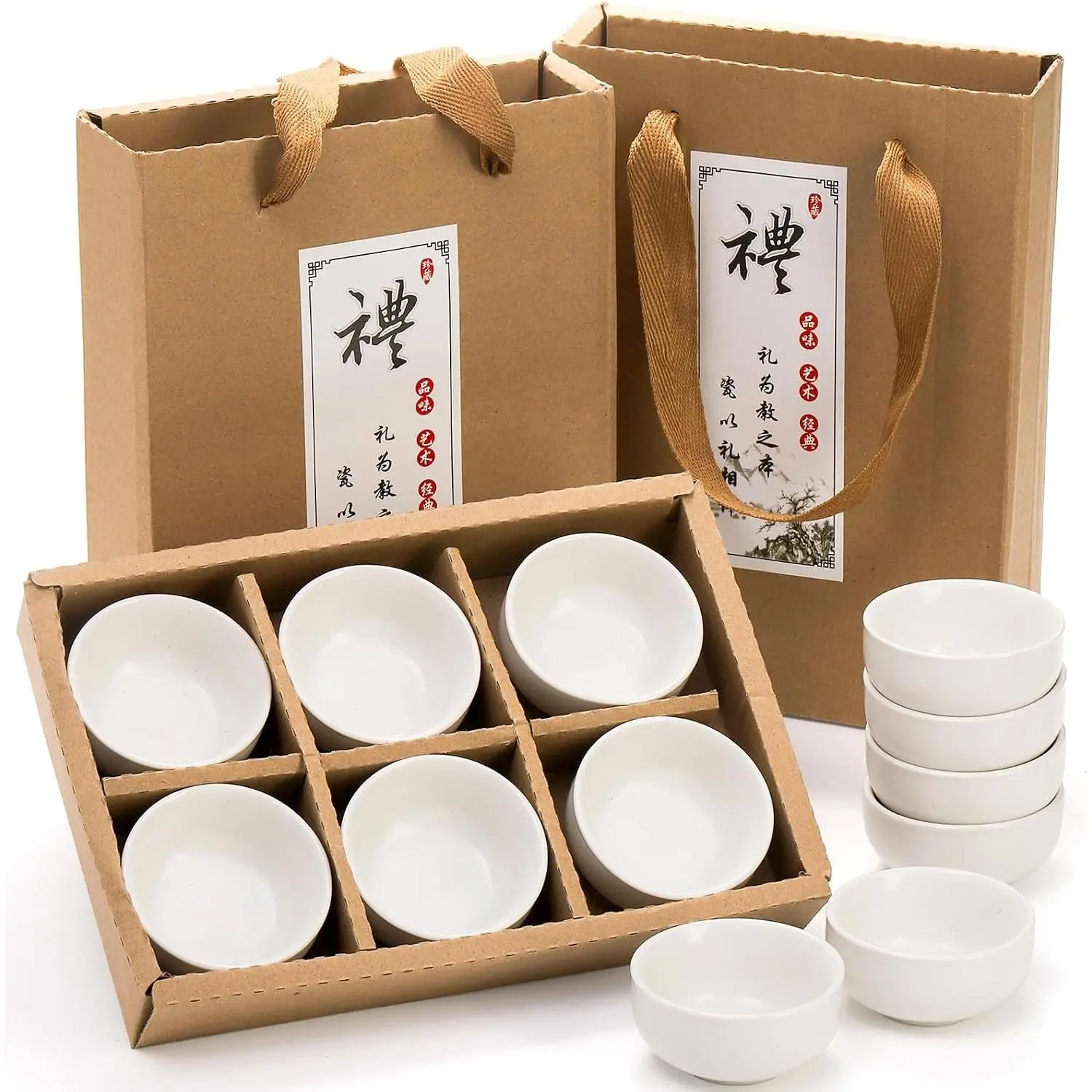 Ceramic Sake Tea Cups Set of 12, Premium White Pottery Japanese Teacups, 1.5 oz / 45ml Tiny Sake Cup Set Kungfu Style Tea Accessories with Handcraft Gift Box Packaging