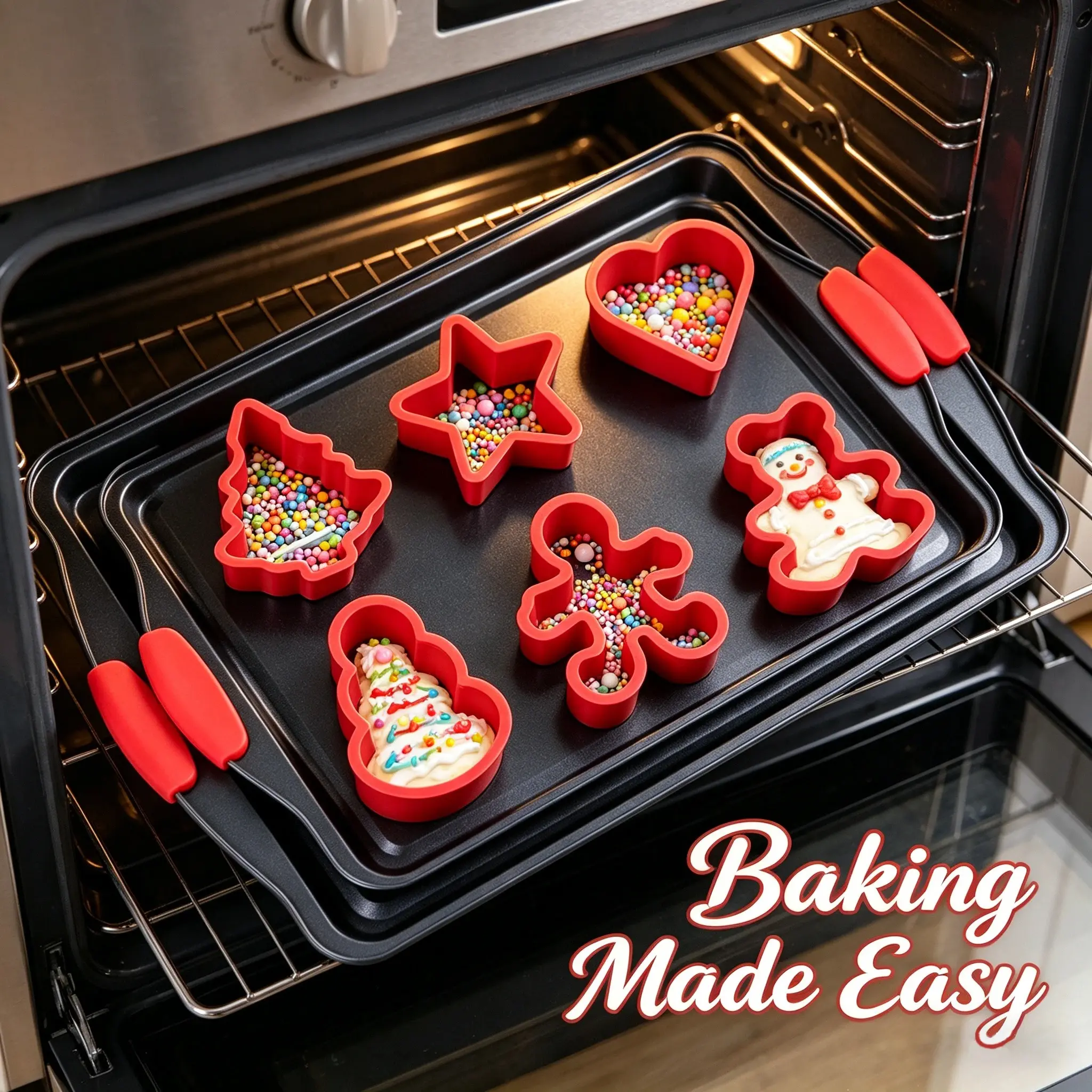 NutriChef 3-Piece Cookie Sheets for Baking, Non-Stick Baking Pans Set with Silicone Handles, Stackable Oven Trays in Small, Medium & Large Sizes for Professional and Everyday Use, 2026 Edition