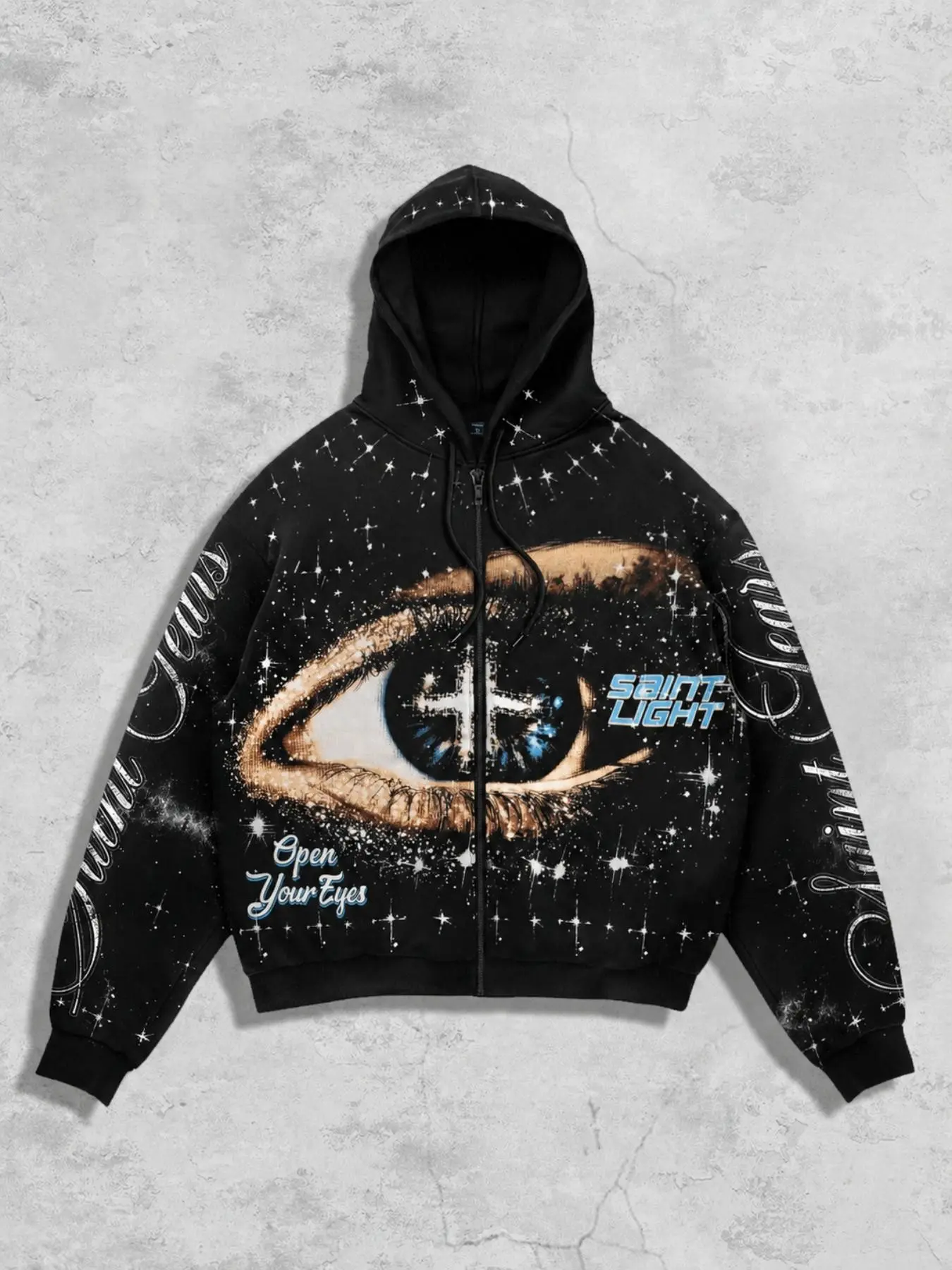 Men’s Graphic Zip Up Hoodie, Oversized Fleece Lined Sweatshirt with Cosmic Eye Print and Star Artwork for Y2K Streetwear, Dark Fashion and Casual Daily Wear