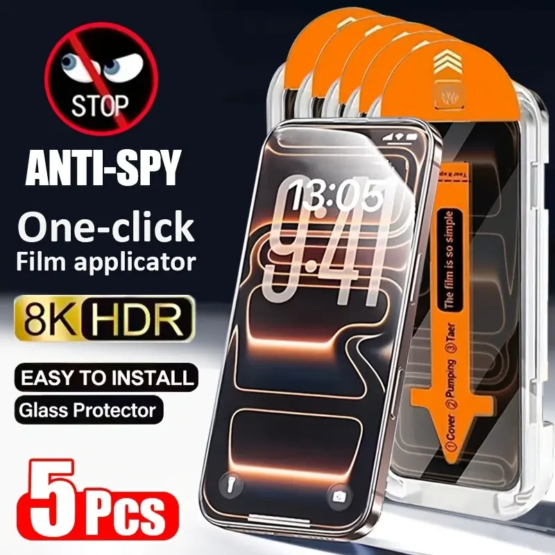 5-Pack Anti-Spy Tempered Glass Film, Auto-Aligning, Fits iPhone 17/16/15/14/13/12/11 Pro/pro Max, 8k HD, 9h Shockproof, Fingerprint Resistant