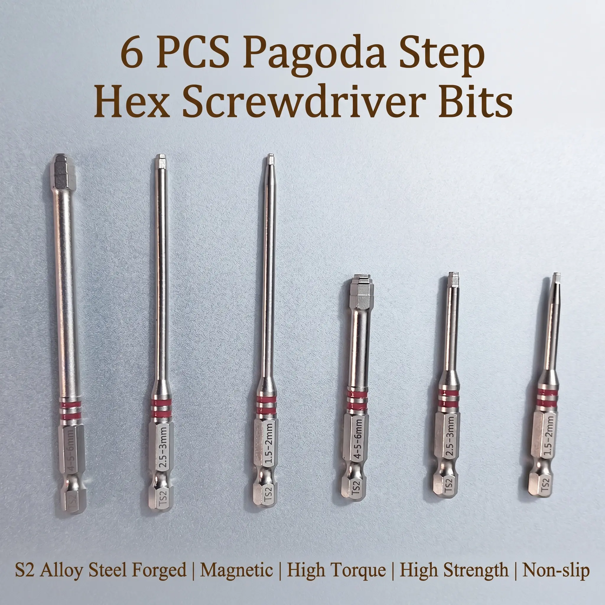 6pcs Screwdriver Bits Set with Magnetic Hex Shank Pagoda-Shaped Design in Multiple Sizes for Electric Drills and Wrenches-YY1