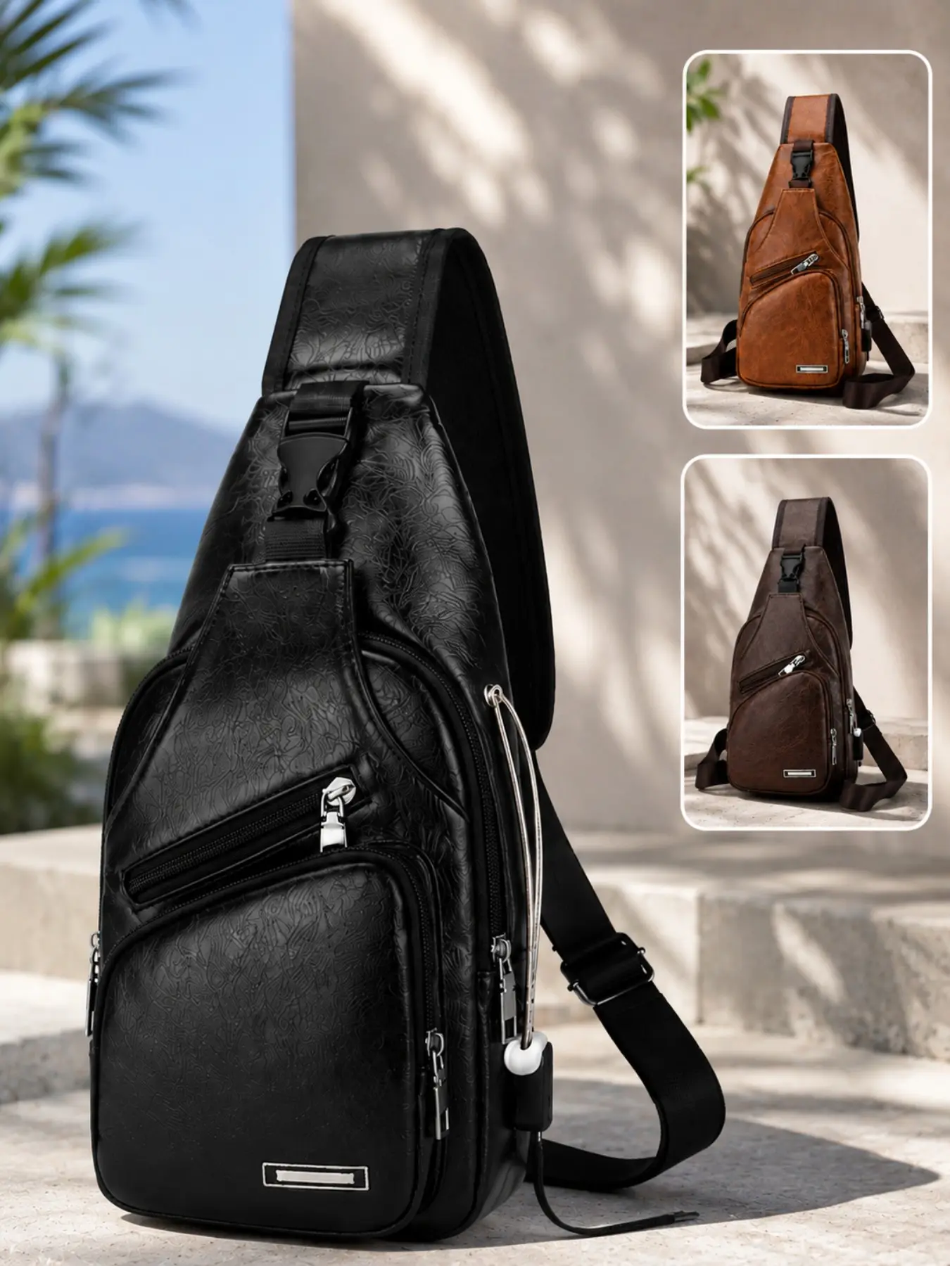 Men’s PU Leather Sling Bag, Crossbody Chest Shoulder Backpack with USB Charging Port, Headphone Hole, Multi-Pocket Adjustable Strap Travel Daypack