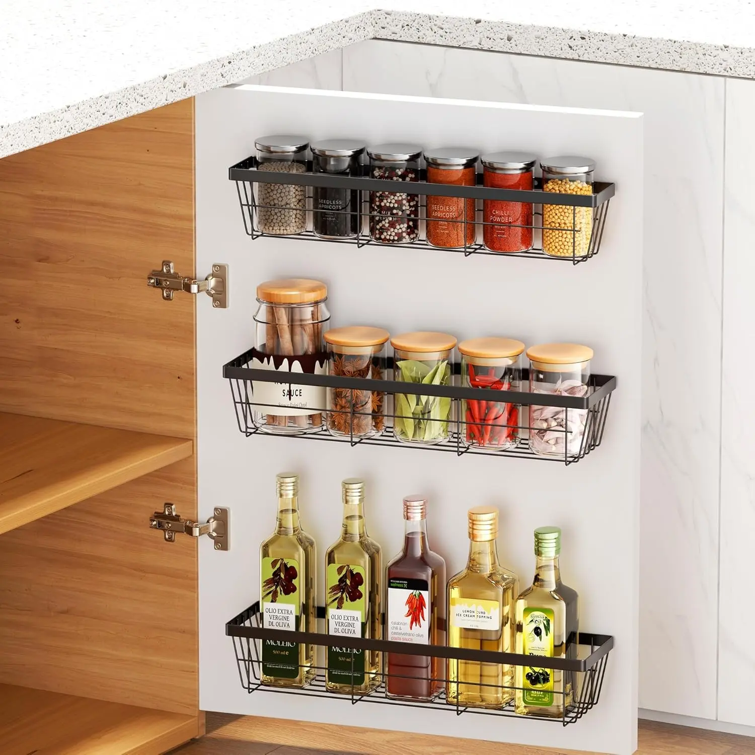 3PCS Cabinet Door Organizer,Self Adhesive Kitchen Cabinet Organizer,Over the Door Organizer Storage Box,metal Pantry Door Organizer,Storage shelf rv must haves (Blackiron)
