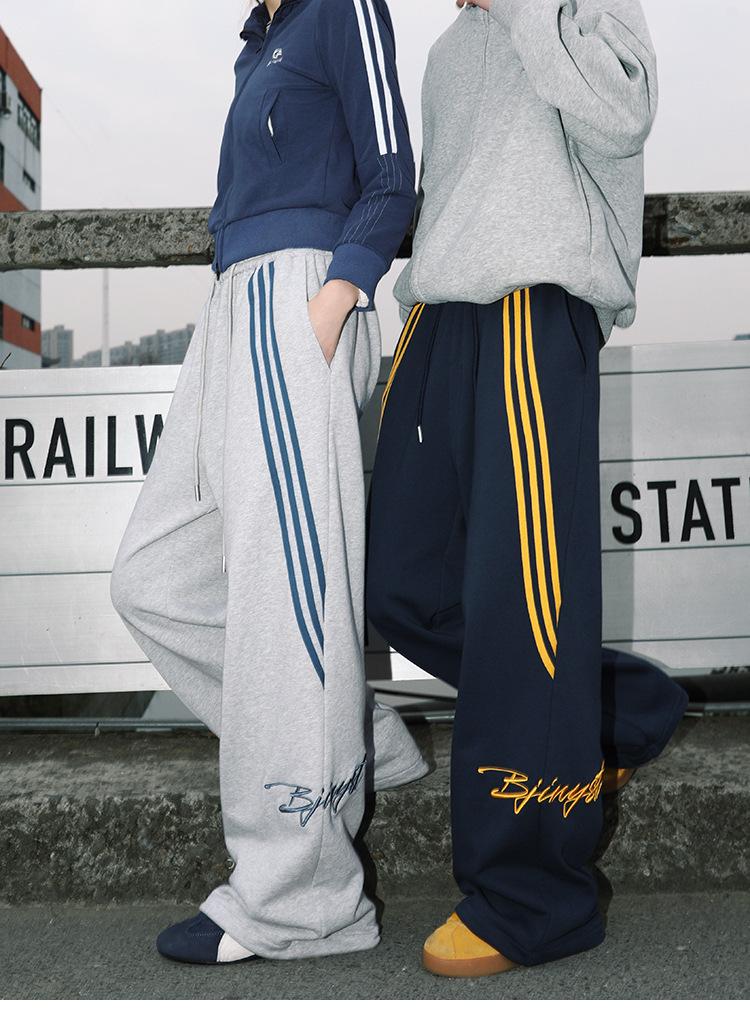 YYK Brand: Men's American Retro Casual Pants - 3-Stripe Design with 3D Waistband Trim; Spring/Autumn Straight-Leg, Loose-Fit Athletic Sweatpants