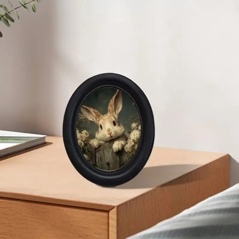 Vintage Daisy Rabbit Oil Painting, Oval Fence Small Bunny Decorative Art, Healing Home Soft Furnishings, Retro Wall Decoration