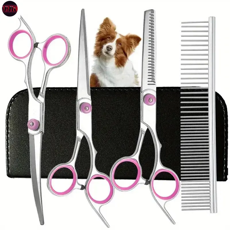 YYW1 5-Piece Professional Dog Grooming Kit, Includes Curved Scissors and Comb, Stainless Steel, Right-Handed, Ideal Dogs and Cats