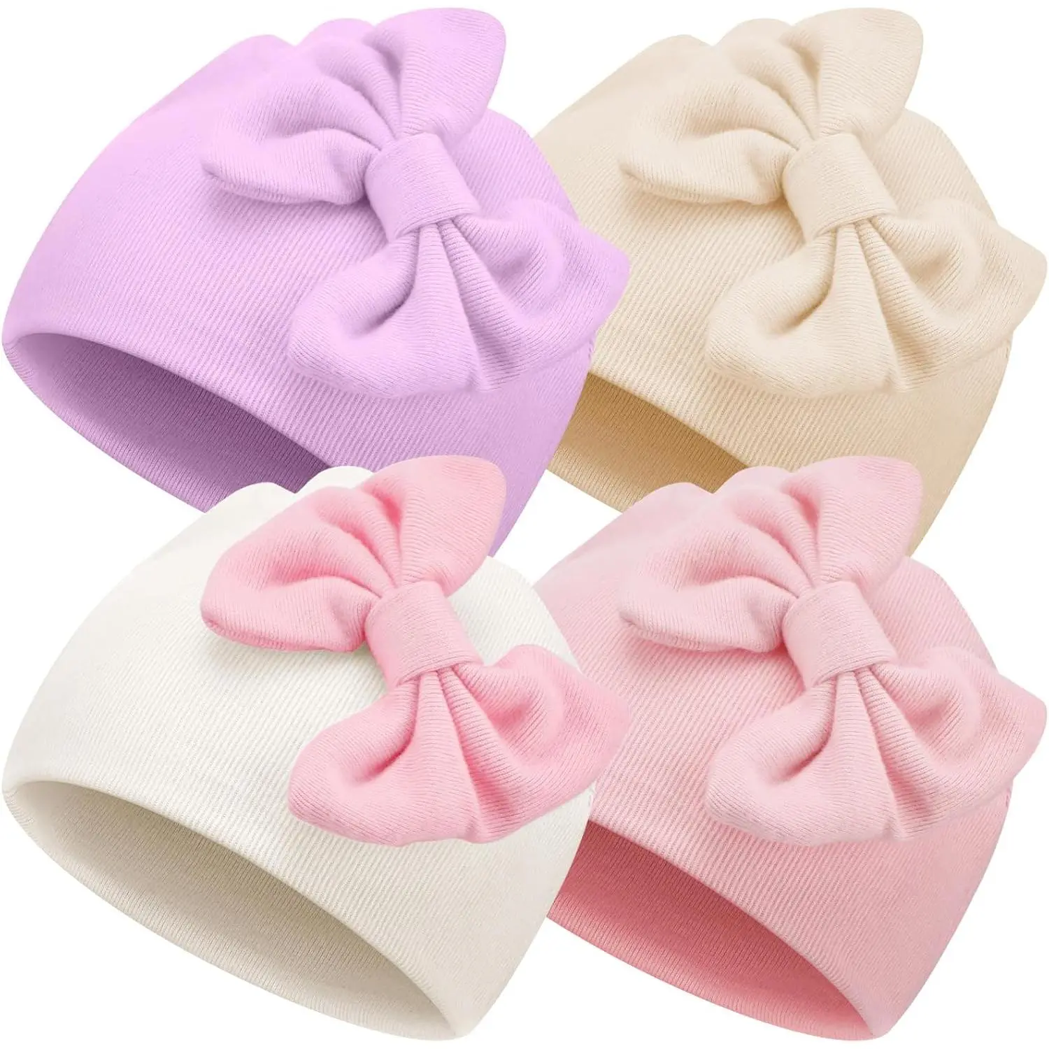 Cuffbow 4 Pcs Preemie Hats Baby Bow Cap Warm Cotton Hospital Premature Baby Beanie  Premature Boy Girl Newborn Infant New model bonnets